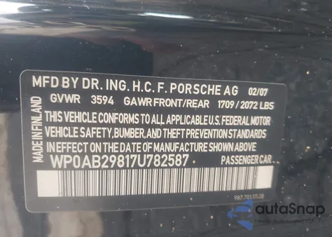 2007 Porsche Cayman S from USA, damaged, VIN WP0AB29817U782587